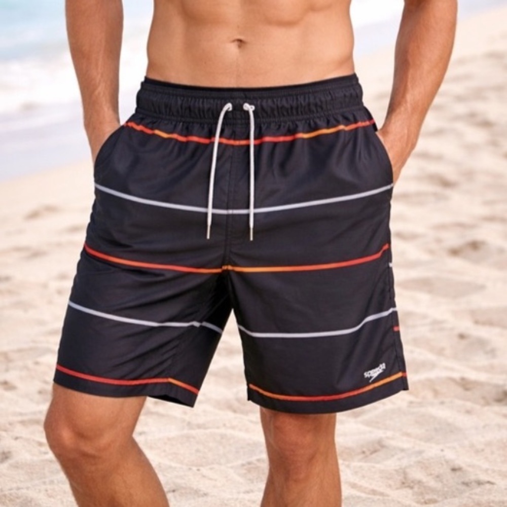 Speedo Men’s‎ Swim Trunks Black Multicolor Stripe Board Shorts Size Large